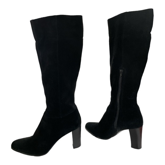 APOSTROPHE Black Suede Knee High Heel Zip Up Fold Over Cuff Style boots 3.5” - Picture 1 of 15